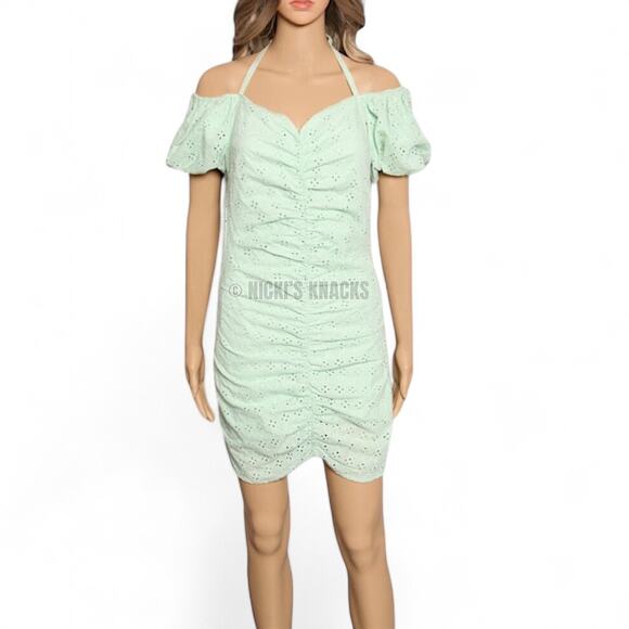 BCBGeneration Eyelet Halter Mini Dress Mint Green Puff Sleeve Cotton Size 0 - Picture 2 of 11